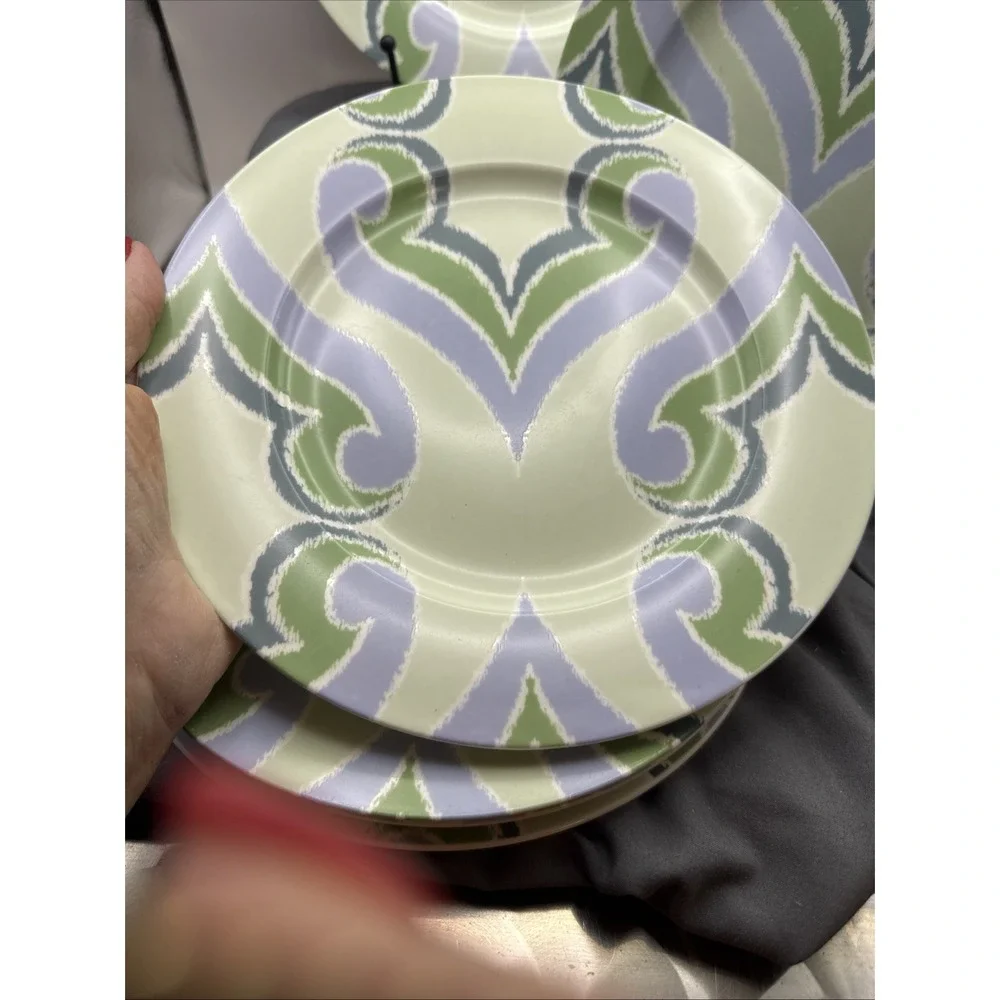 Oneida Porcelain Amber Green Salad Plates Blue,Green & Lav Scrolls set of 6